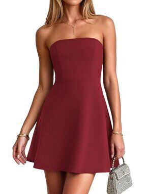 Women's Wine Red Strapless Spring A LINE Tube Top Summer Short Mini Dress
